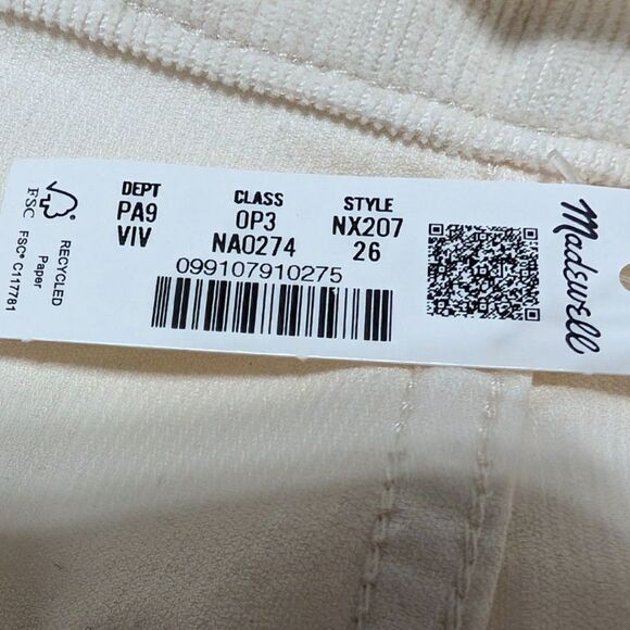 Madewell Wide Leg Corduroy Pants Vintage Ivory Cream Sze 26 High Rise NX207 NWT - Picture 10 of 10